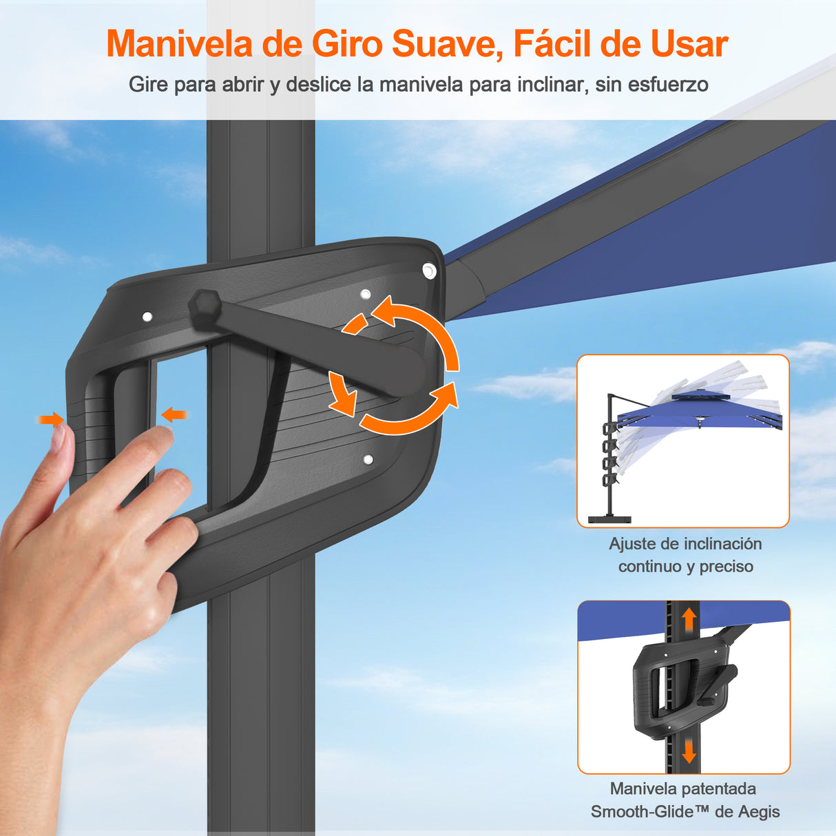 Patioslife Aegis Pro Sombrilla Excéntrica con Iluminación LED Solar, Estructura de Aluminio Termolacado y Rotación 360°