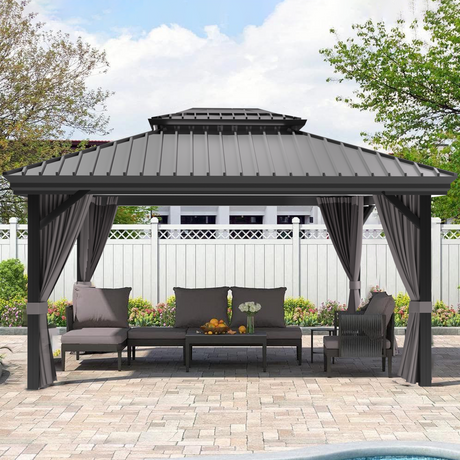 Patioslife Luxury Haven Cenador de Aluminio con Techo Rígido, Drenaje Integrado y Cortinas