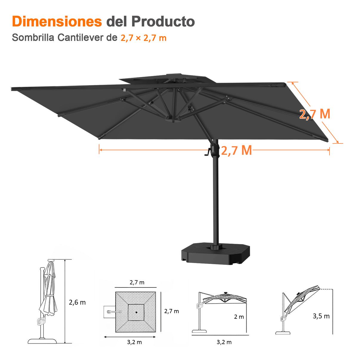 Patioslife Aegis Pro Sombrilla Excéntrica con Estructura de Aluminio para Jardín y Terraza