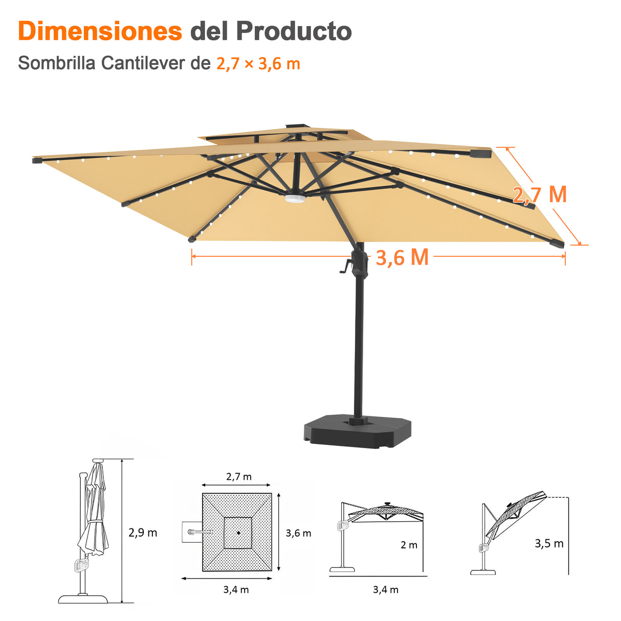 Patioslife Aegis Pro Sombrilla Excéntrica con Iluminación LED Solar, Estructura de Aluminio Termolacado y Rotación 360°