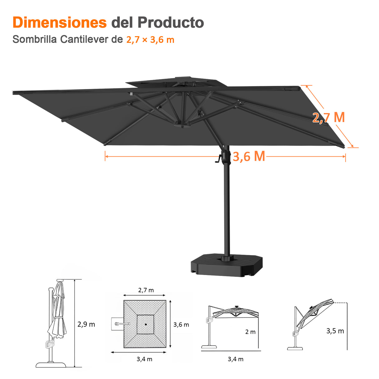 Patioslife Aegis Pro Sombrilla Excéntrica con Estructura de Aluminio para Jardín y Terraza