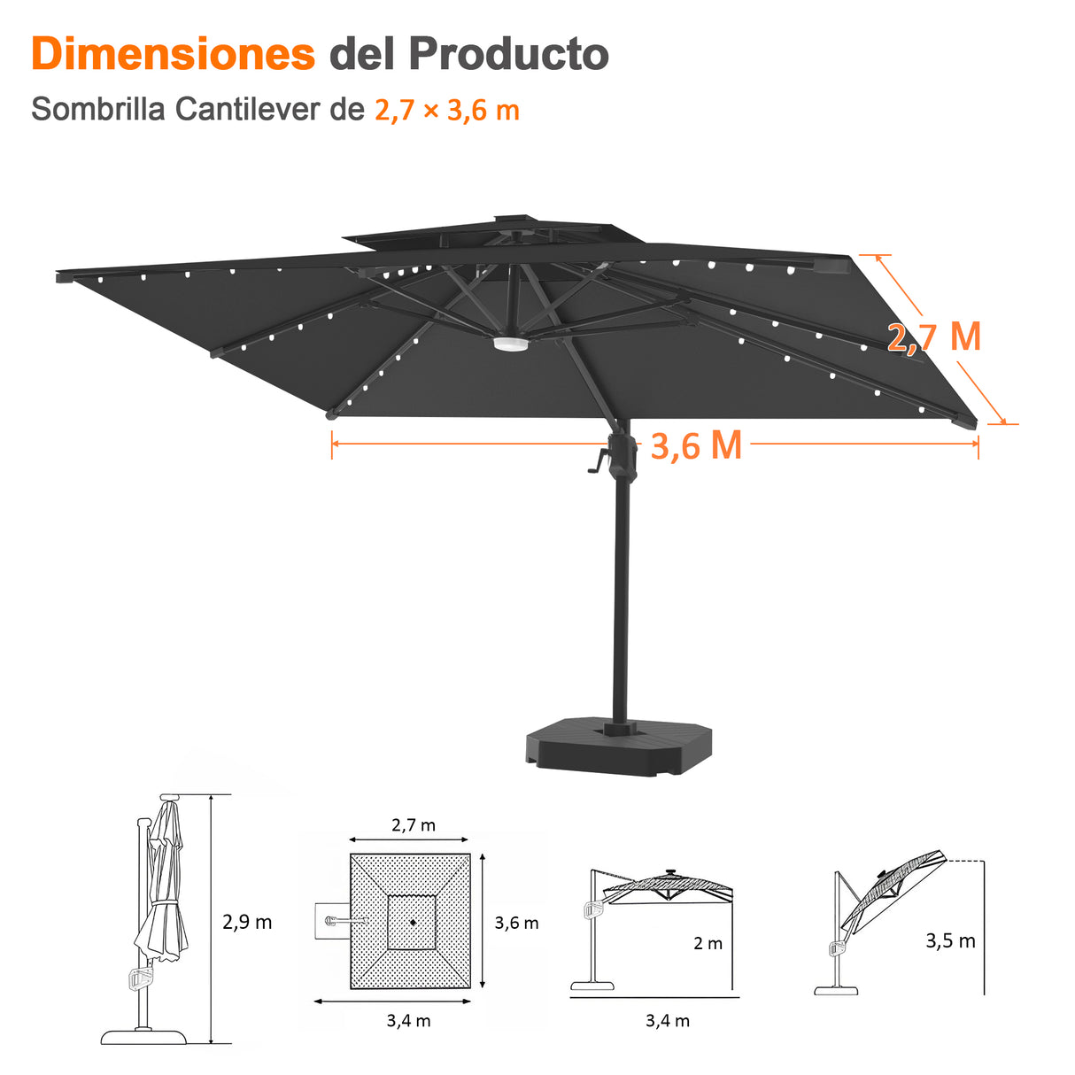 Patioslife Aegis Pro Sombrilla Excéntrica con Iluminación LED Solar, Estructura de Aluminio Termolacado y Rotación 360°