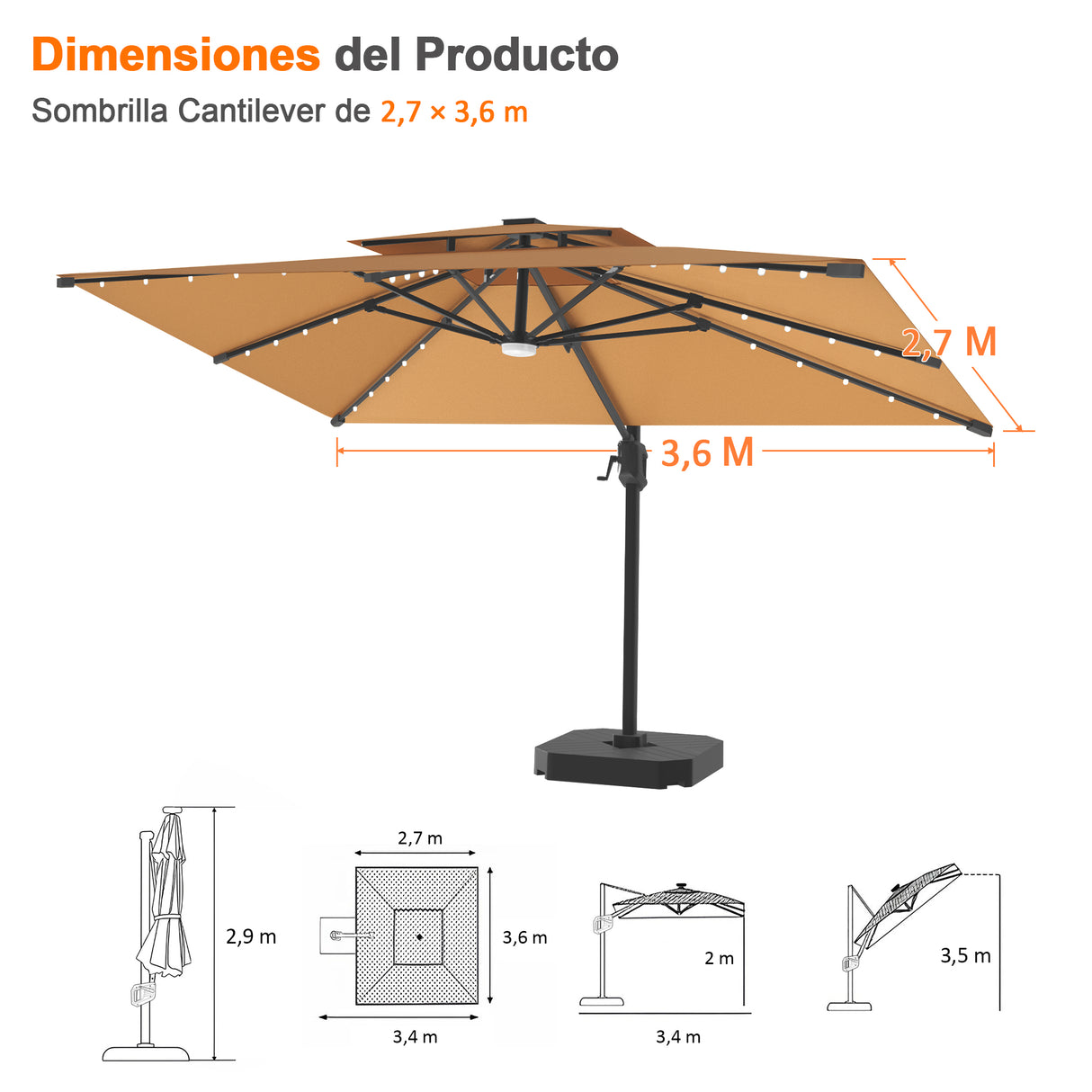 Patioslife Aegis Pro Sombrilla Excéntrica con Iluminación LED Solar, Estructura de Aluminio Termolacado y Rotación 360°