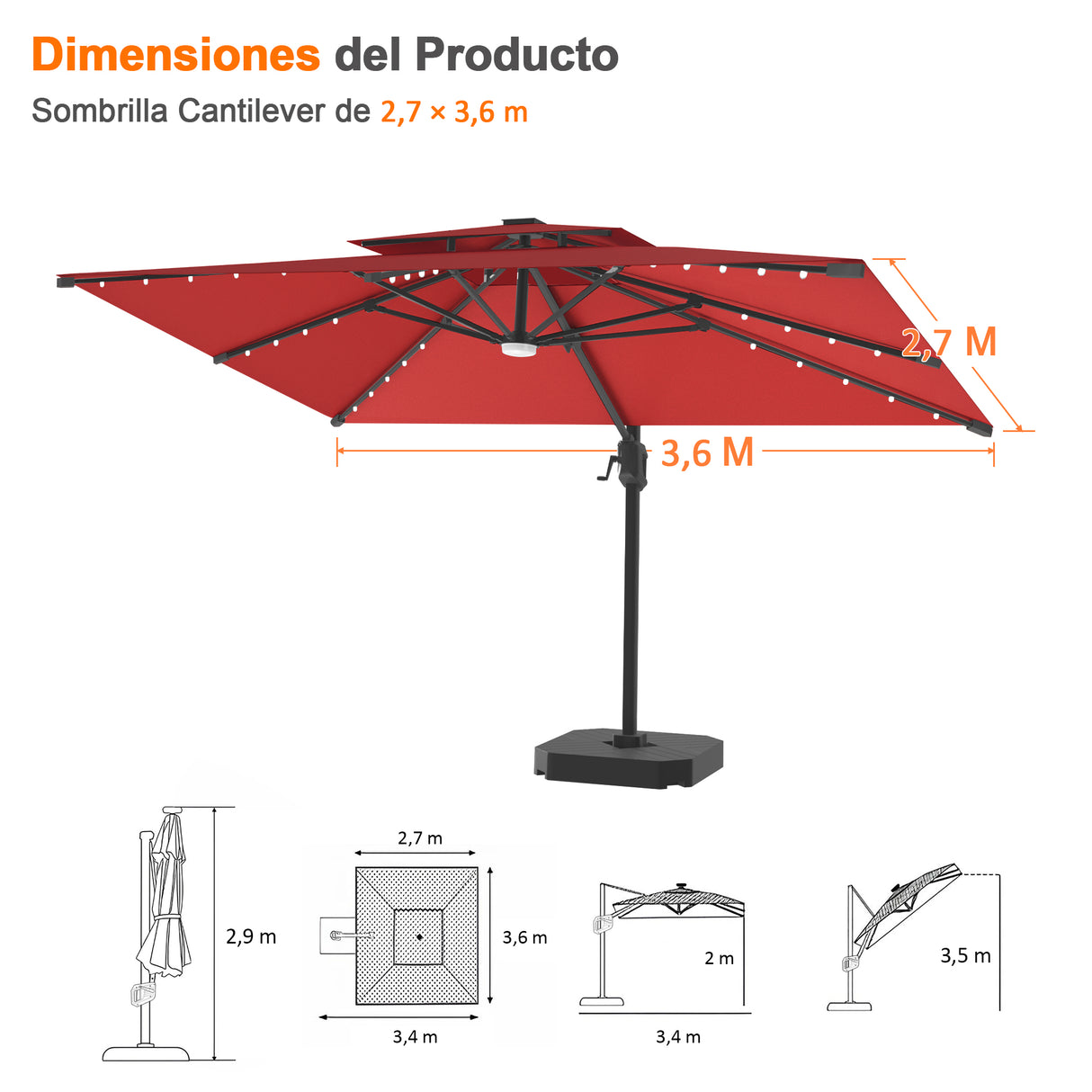 Patioslife Aegis Pro Sombrilla Excéntrica con Iluminación LED Solar, Estructura de Aluminio Termolacado y Rotación 360°
