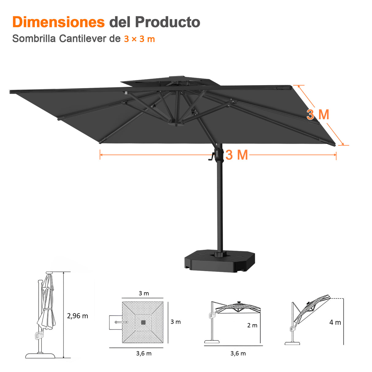 Patioslife Aegis Pro Sombrilla Excéntrica con Estructura de Aluminio para Jardín y Terraza