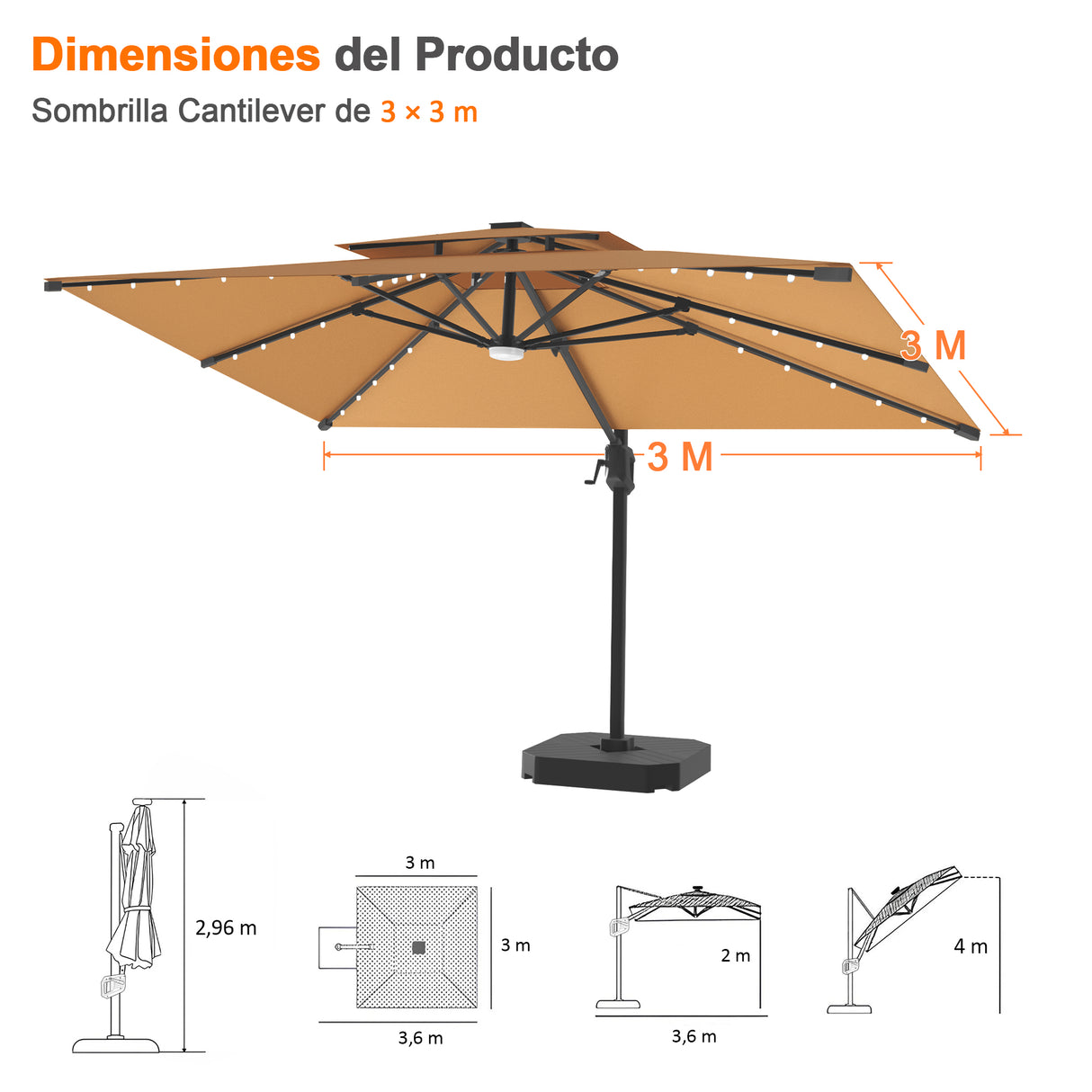 Patioslife Aegis Pro Sombrilla Excéntrica con Iluminación LED Solar, Estructura de Aluminio Termolacado y Rotación 360°