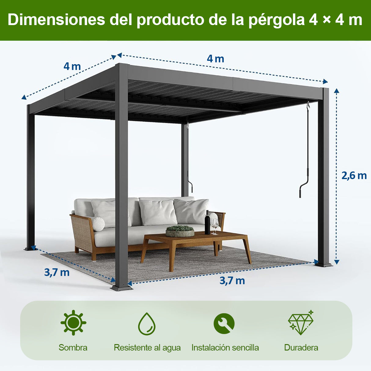 Patioslife Atlantic Pérgola de Aluminio con Lamas Ajustables y Luces LED