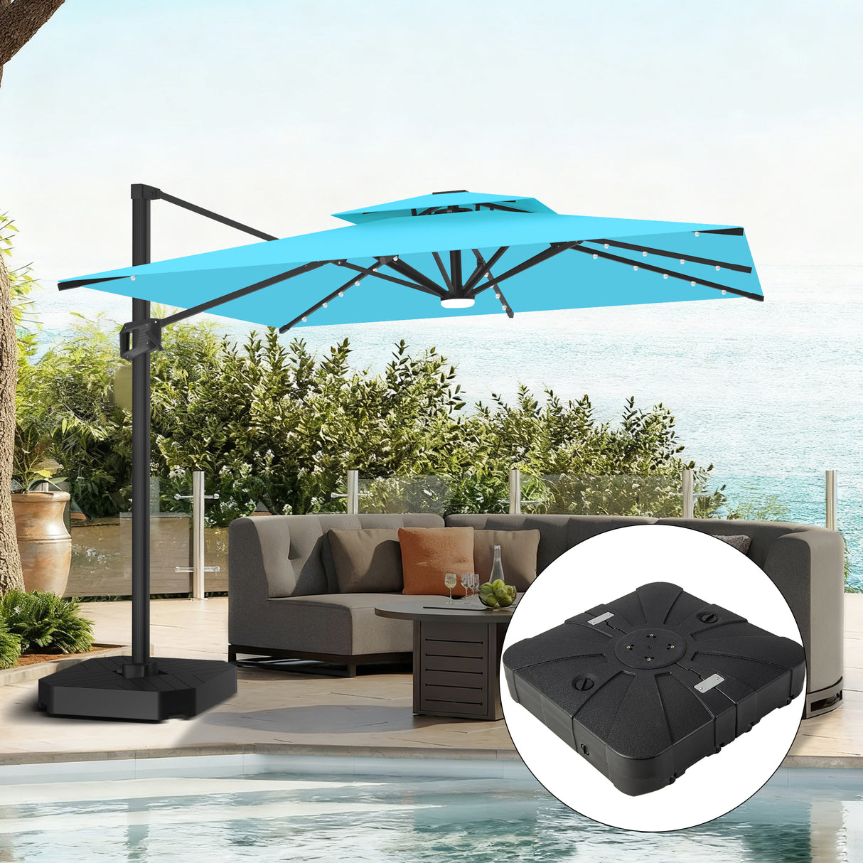 Patioslife Aegis Pro Sombrilla Excéntrica con Iluminación LED Solar, Estructura de Aluminio Termolacado y Rotación 360°