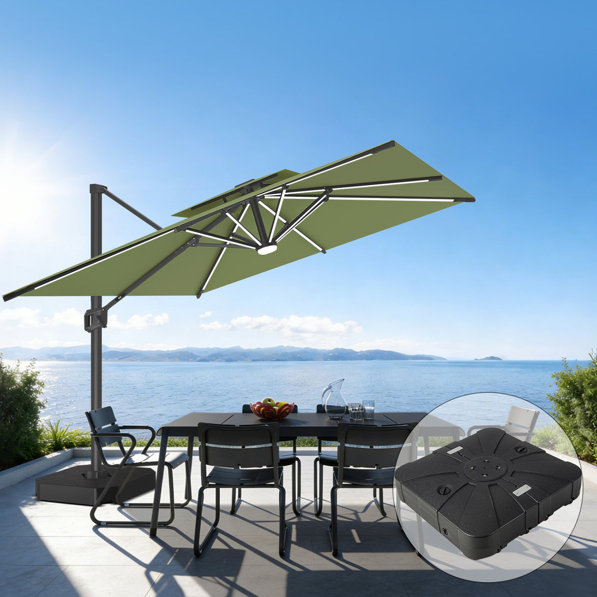 Patioslife Aegis Pro Sombrilla Excéntrica con Iluminación LED Solar, Estructura de Aluminio Termolacado y Rotación 360°