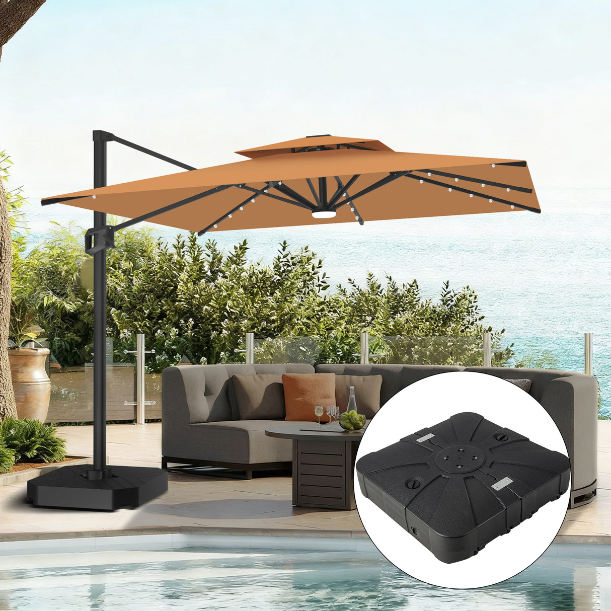 Patioslife Aegis Pro Sombrilla Excéntrica con Iluminación LED Solar, Estructura de Aluminio Termolacado y Rotación 360°