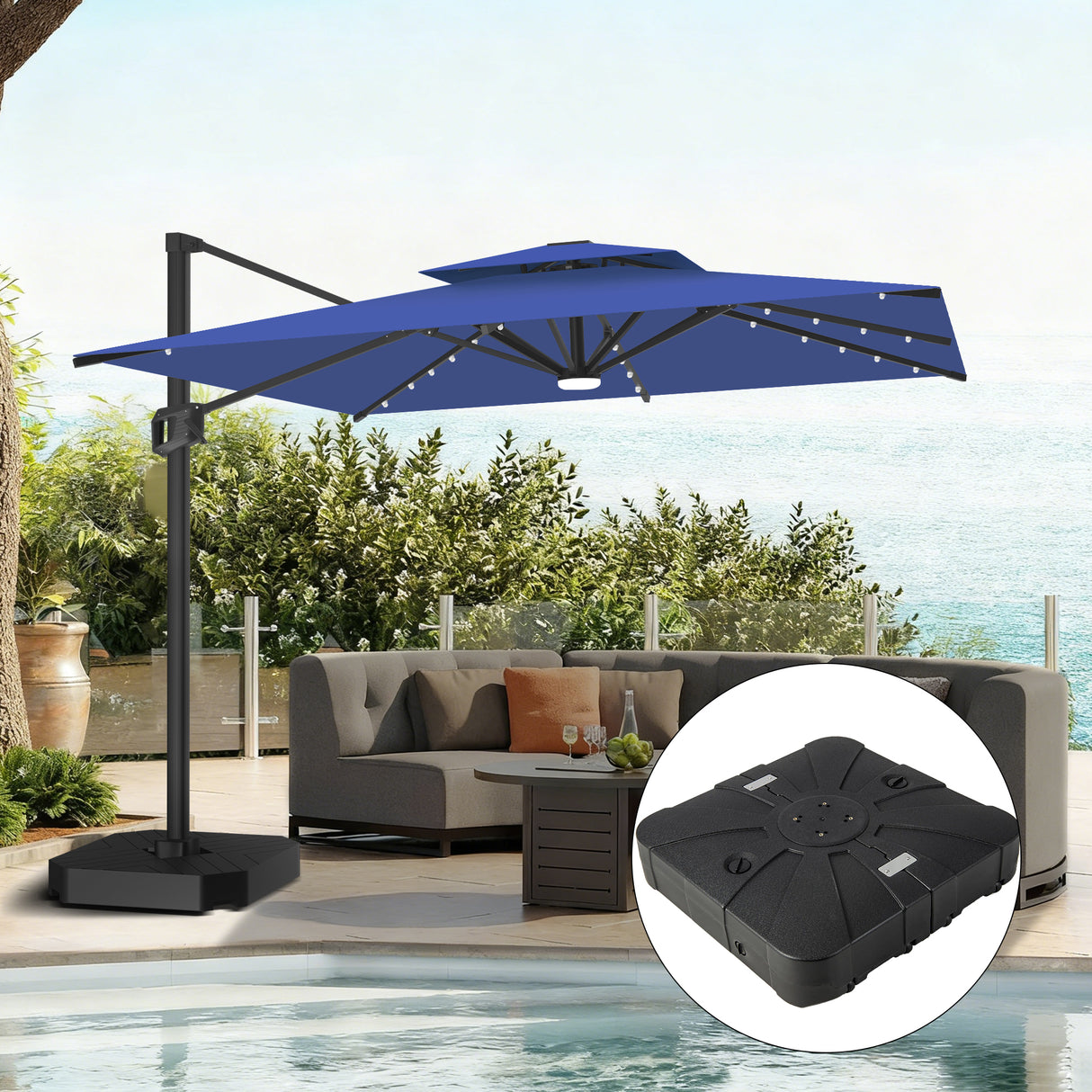 Patioslife Aegis Pro Sombrilla Excéntrica con Iluminación LED Solar, Estructura de Aluminio Termolacado y Rotación 360°