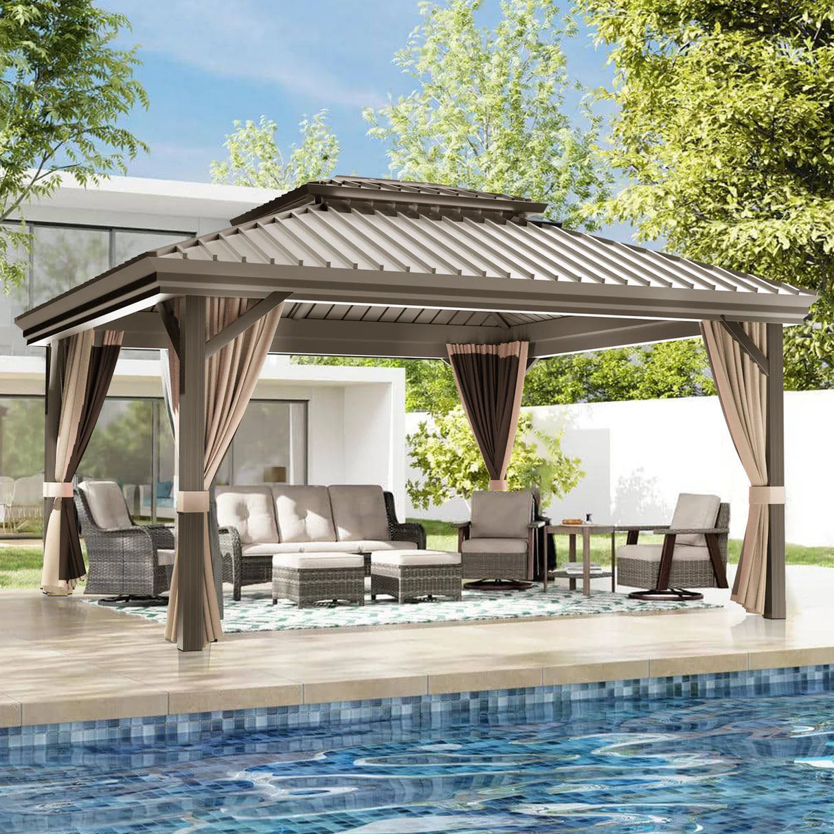 Patioslife Luxury Haven Cenador de Aluminio con Techo Rígido, Drenaje Integrado y Cortinas
