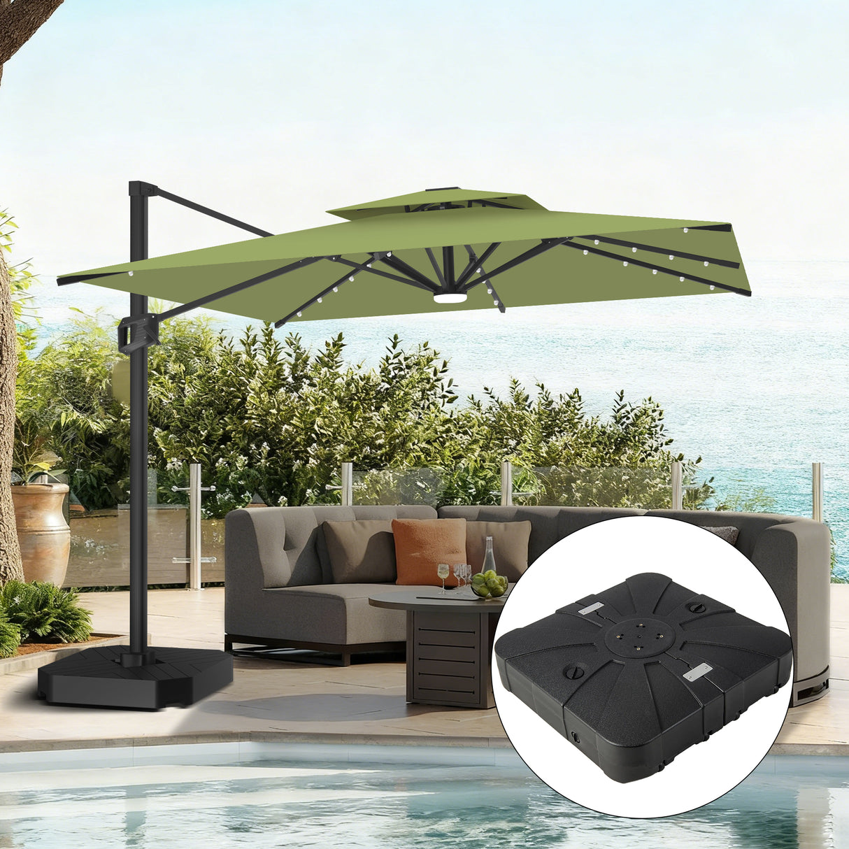 Patioslife Aegis Pro Sombrilla Excéntrica con Iluminación LED Solar, Estructura de Aluminio Termolacado y Rotación 360°