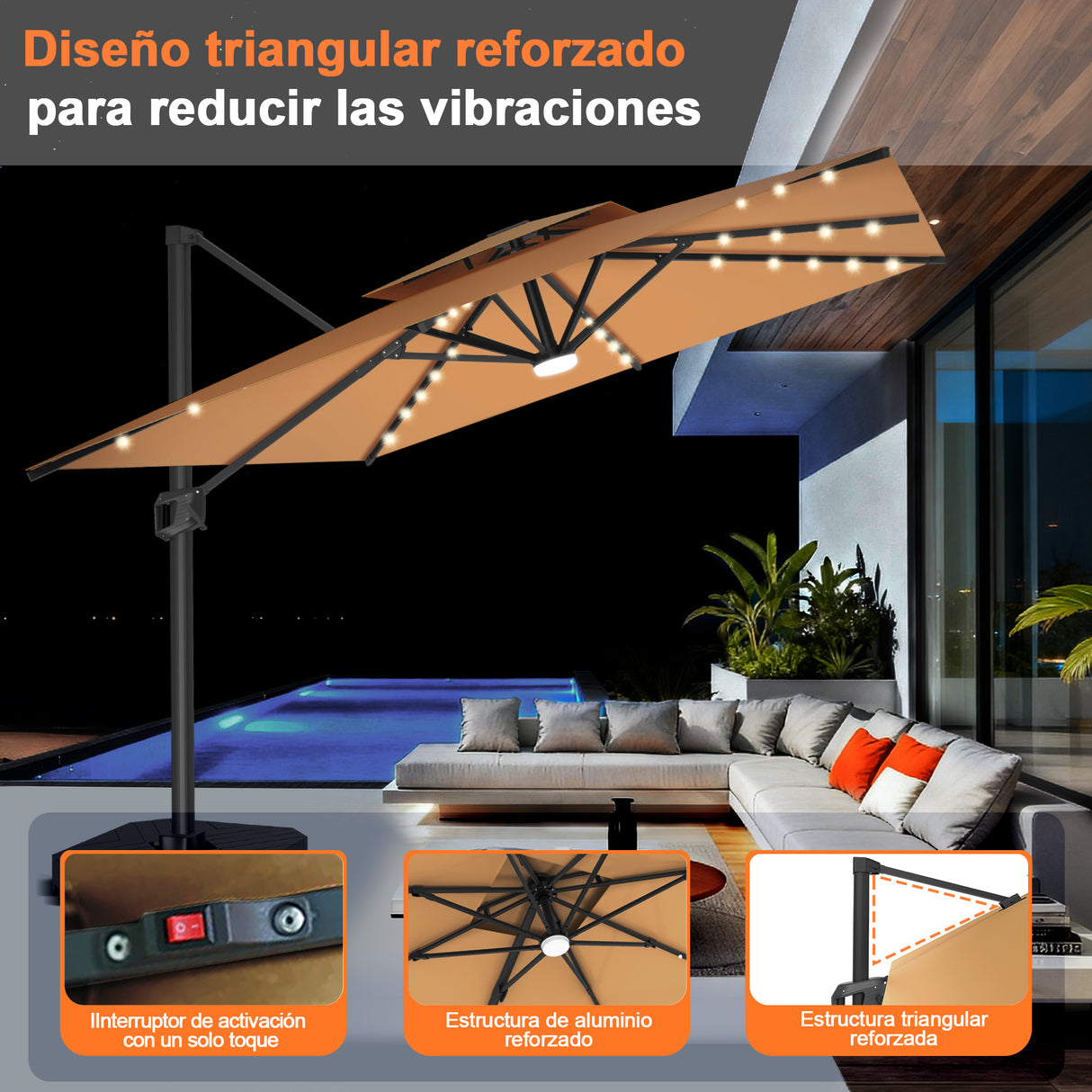Patioslife Aegis Pro Sombrilla Excéntrica con Iluminación LED Solar, Estructura de Aluminio Termolacado y Rotación 360°