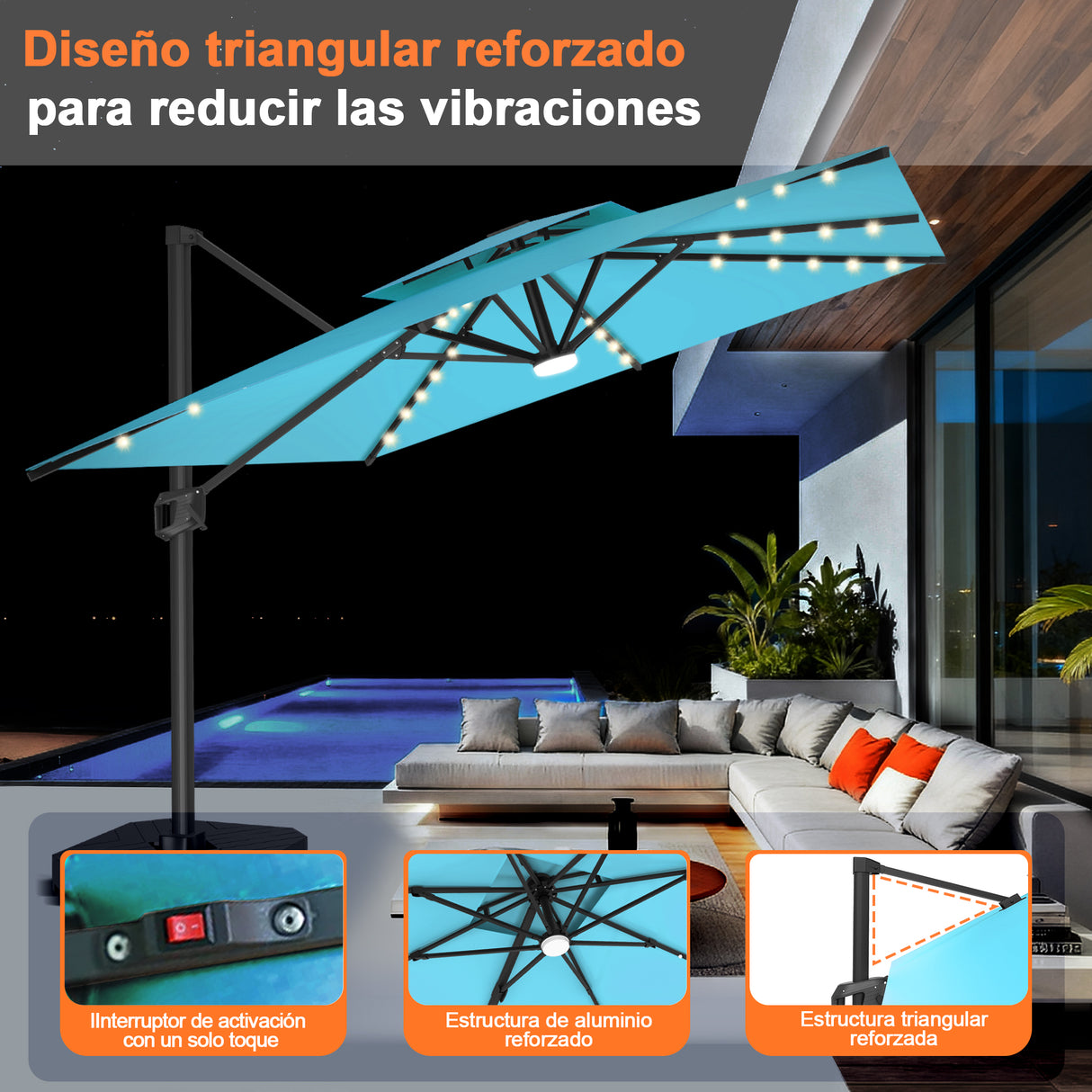 Patioslife Aegis Pro Sombrilla Excéntrica con Iluminación LED Solar, Estructura de Aluminio Termolacado y Rotación 360°