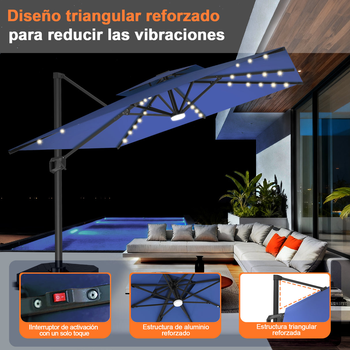 Patioslife Aegis Pro Sombrilla Excéntrica con Iluminación LED Solar, Estructura de Aluminio Termolacado y Rotación 360°
