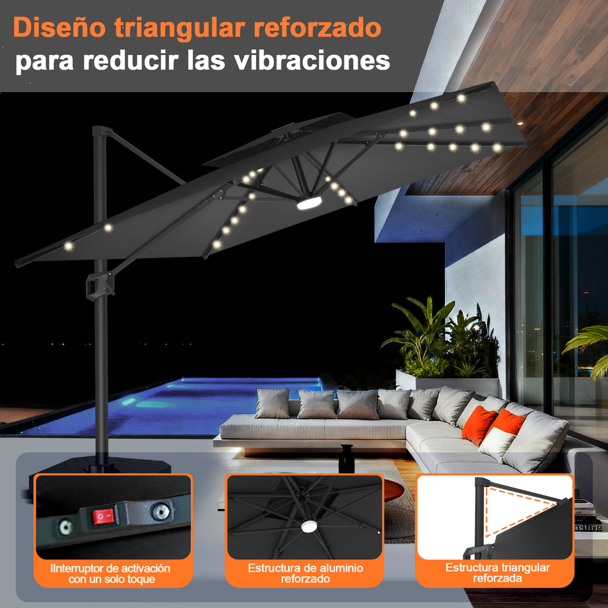 Patioslife Aegis Pro Sombrilla Excéntrica con Iluminación LED Solar, Estructura de Aluminio Termolacado y Rotación 360°