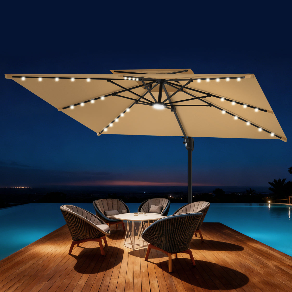 Patioslife Aegis Pro Sombrilla Excéntrica con Iluminación LED Solar, Estructura de Aluminio Termolacado y Rotación 360°