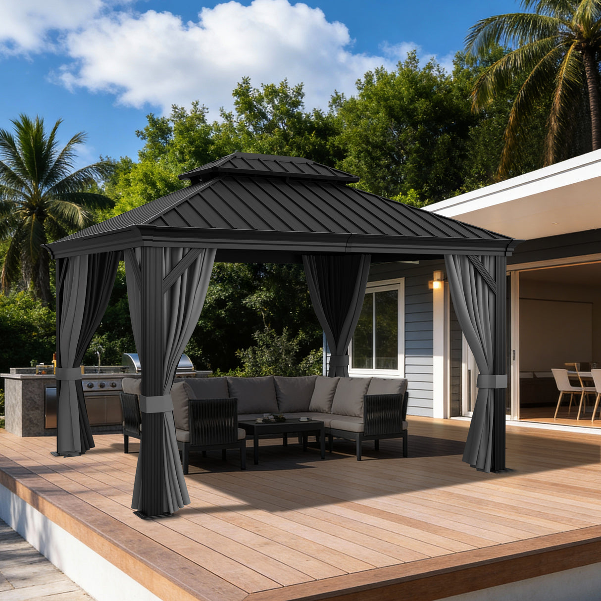 Patioslife Luxury Haven Cenador de Aluminio con Techo Rígido, Drenaje Integrado y Cortinas