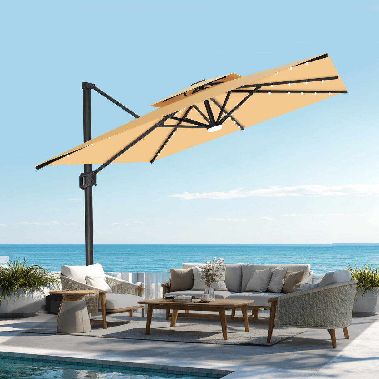 Patioslife Aegis Pro Sombrilla Excéntrica con Iluminación LED Solar, Estructura de Aluminio Termolacado y Rotación 360°