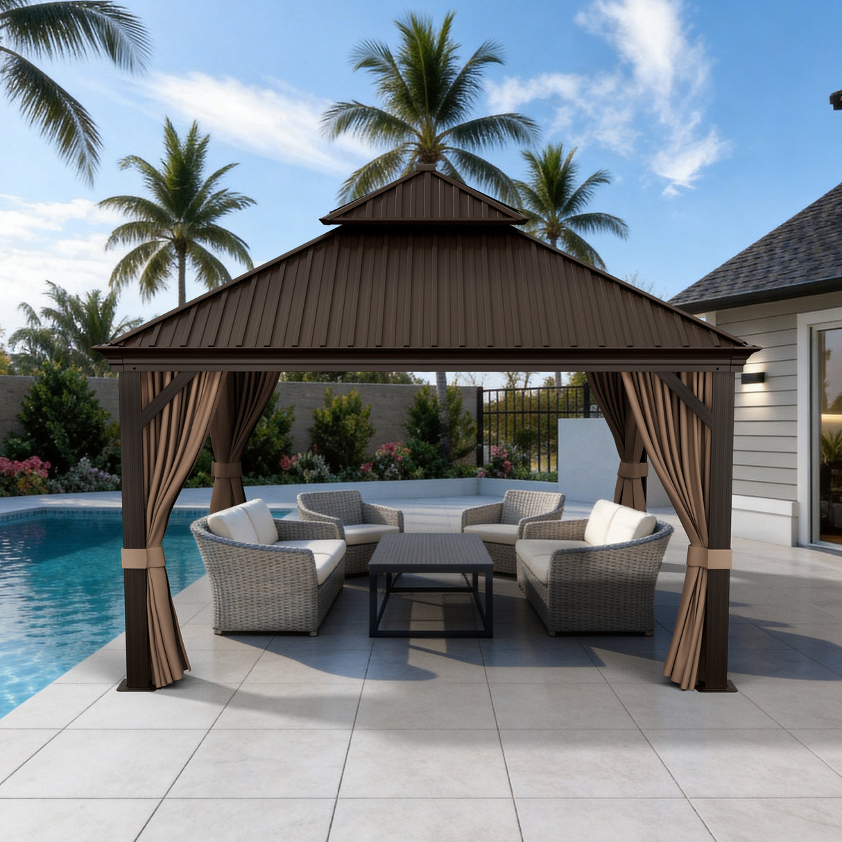 Patioslife Luxury Haven Cenador de Aluminio con Techo Rígido, Drenaje Integrado y Cortinas