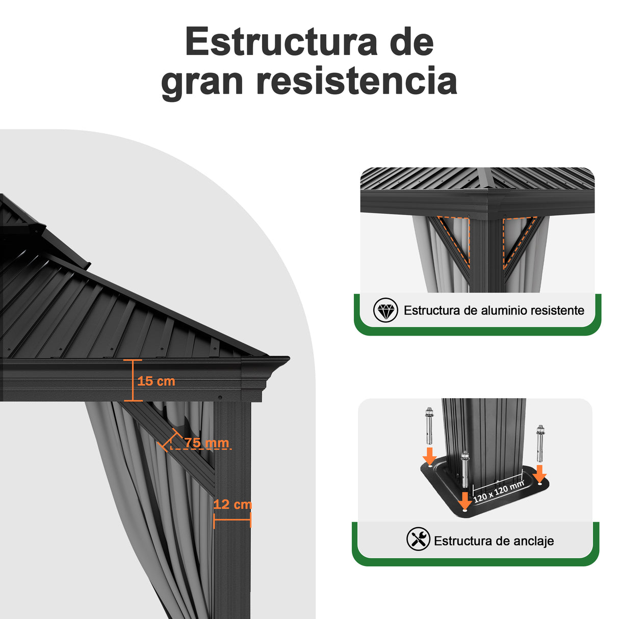 Patioslife Luxury Haven Cenador de Aluminio con Techo Rígido, Drenaje Integrado y Cortinas