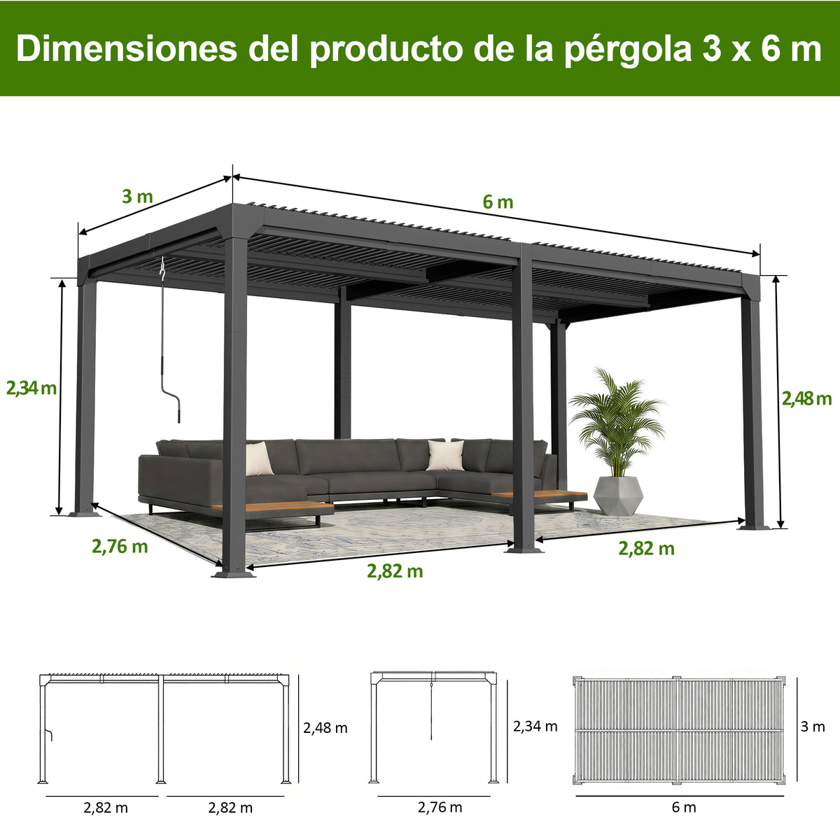 Patioslife Atlantic Pérgola de Aluminio con Lamas Regulables y Luces LED