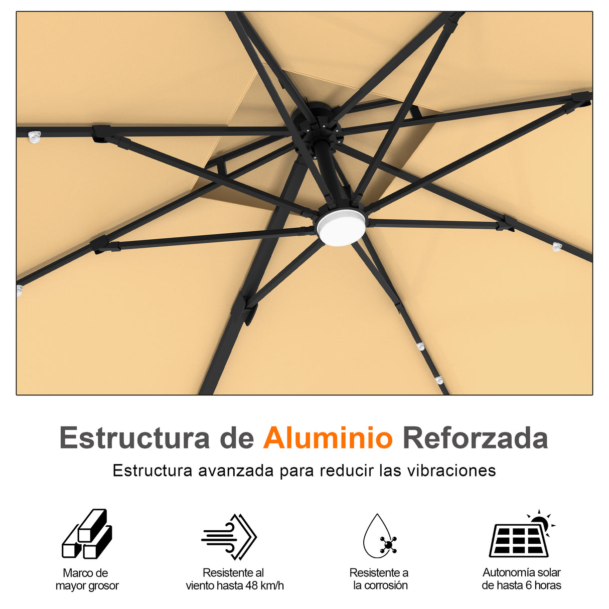 Patioslife Aegis Pro Sombrilla Excéntrica con Iluminación LED Solar, Estructura de Aluminio Termolacado y Rotación 360°