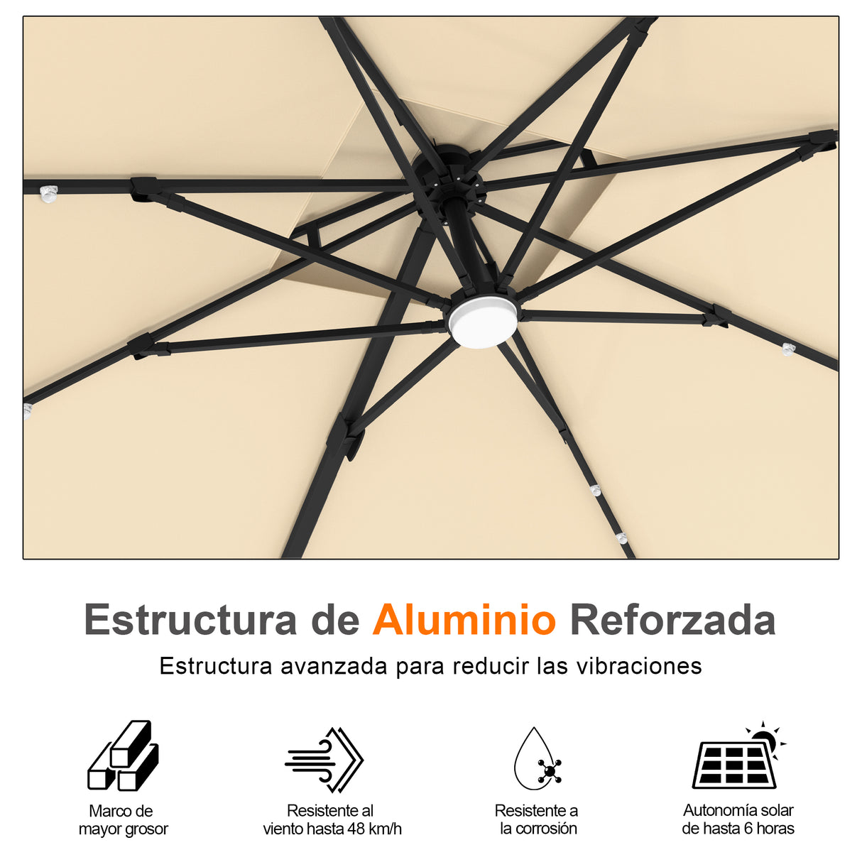 Patioslife Aegis Pro Sombrilla Excéntrica con Iluminación LED Solar, Estructura de Aluminio Termolacado y Rotación 360°