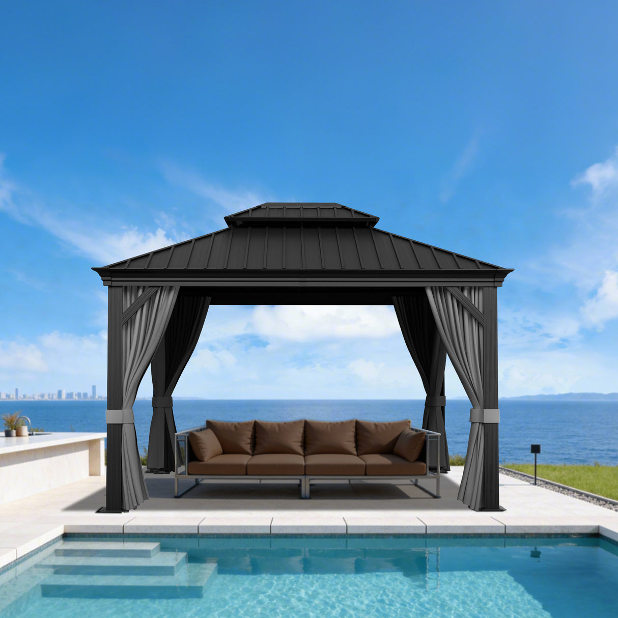 Patioslife Luxury Haven Cenador de Aluminio con Techo Rígido, Drenaje Integrado y Cortinas