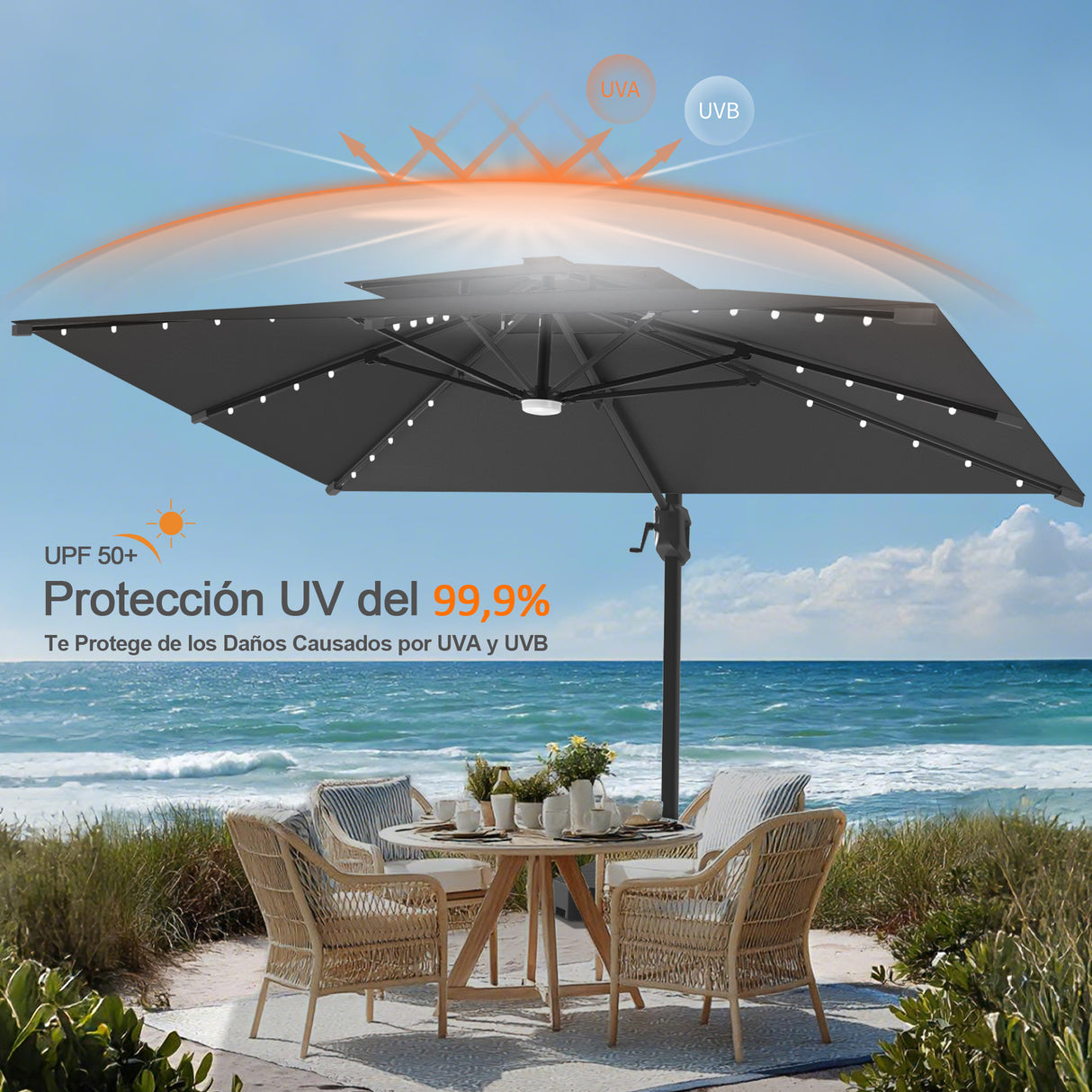 Patioslife Aegis Pro Sombrilla Excéntrica con Iluminación LED Solar, Estructura de Aluminio Termolacado y Rotación 360°