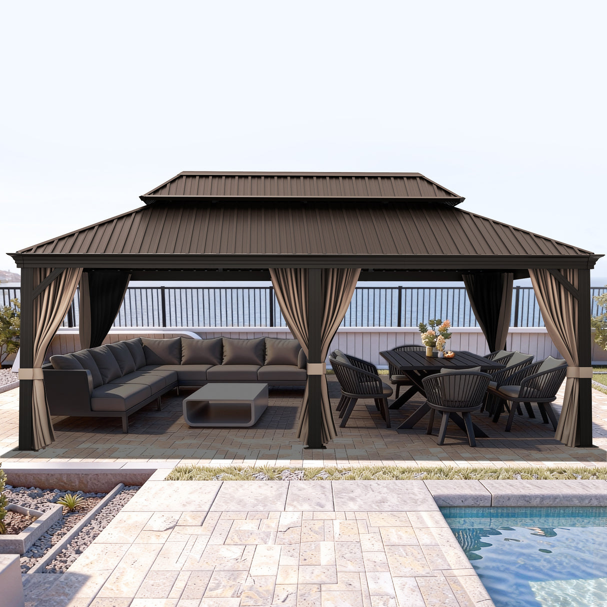 Patioslife Luxury Haven Cenador de Aluminio con Techo Rígido, Drenaje Integrado y Cortinas