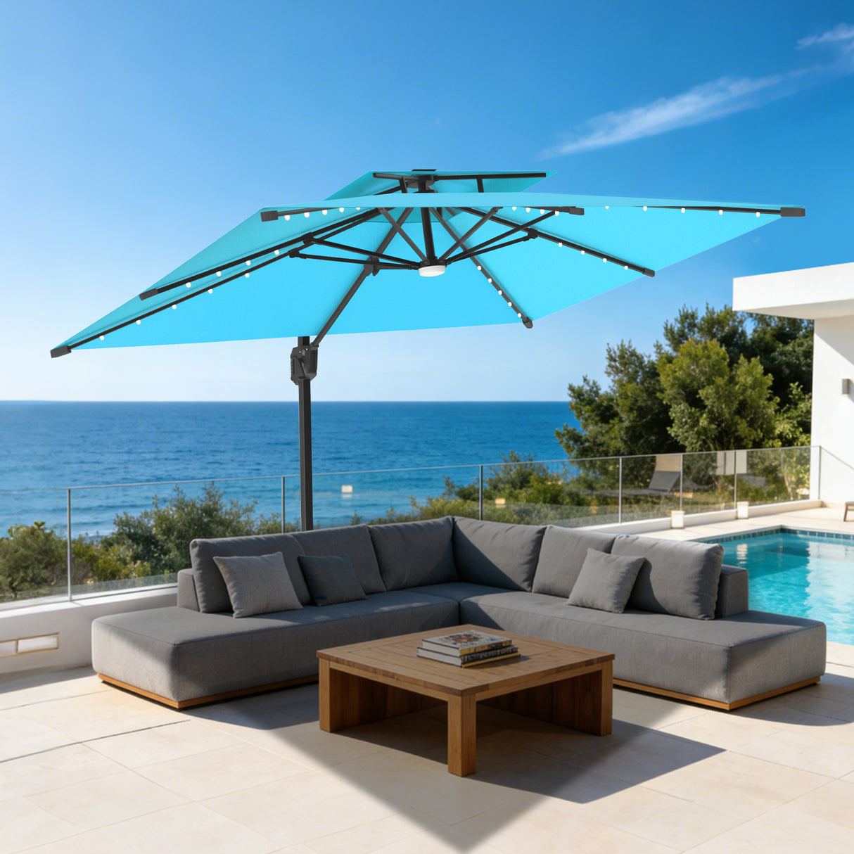 Patioslife Aegis Pro Sombrilla Excéntrica con Iluminación LED Solar, Estructura de Aluminio Termolacado y Rotación 360°