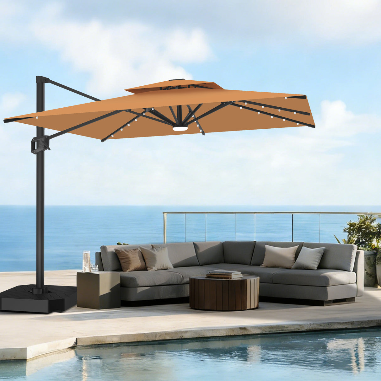 Patioslife Aegis Pro Sombrilla Excéntrica con Iluminación LED Solar, Estructura de Aluminio Termolacado y Rotación 360°