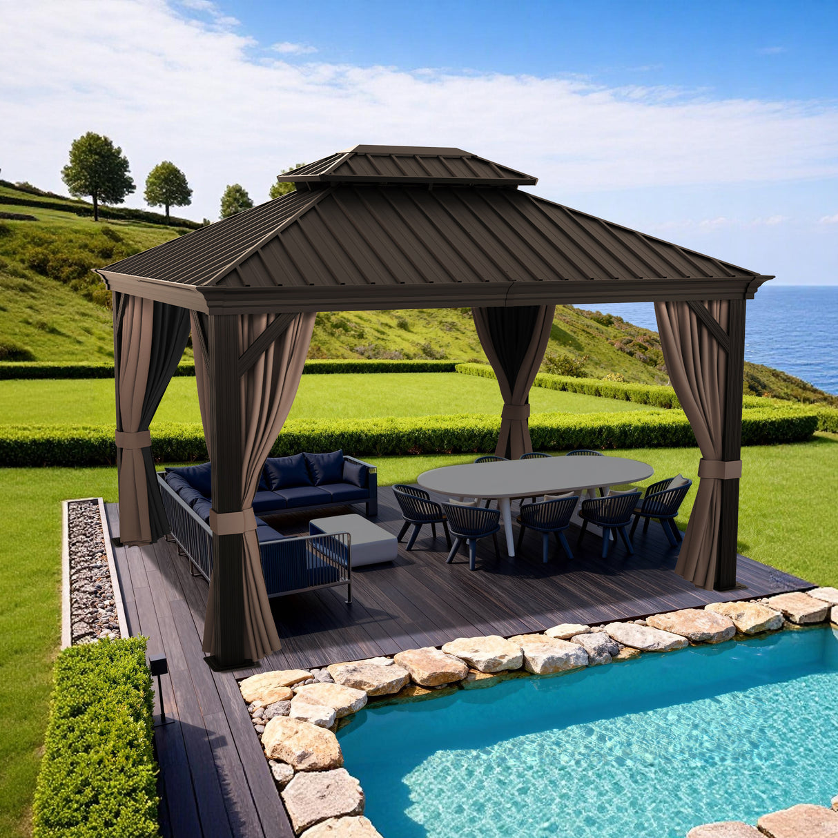 Patioslife Luxury Haven Cenador de Aluminio con Techo Rígido, Drenaje Integrado y Cortinas