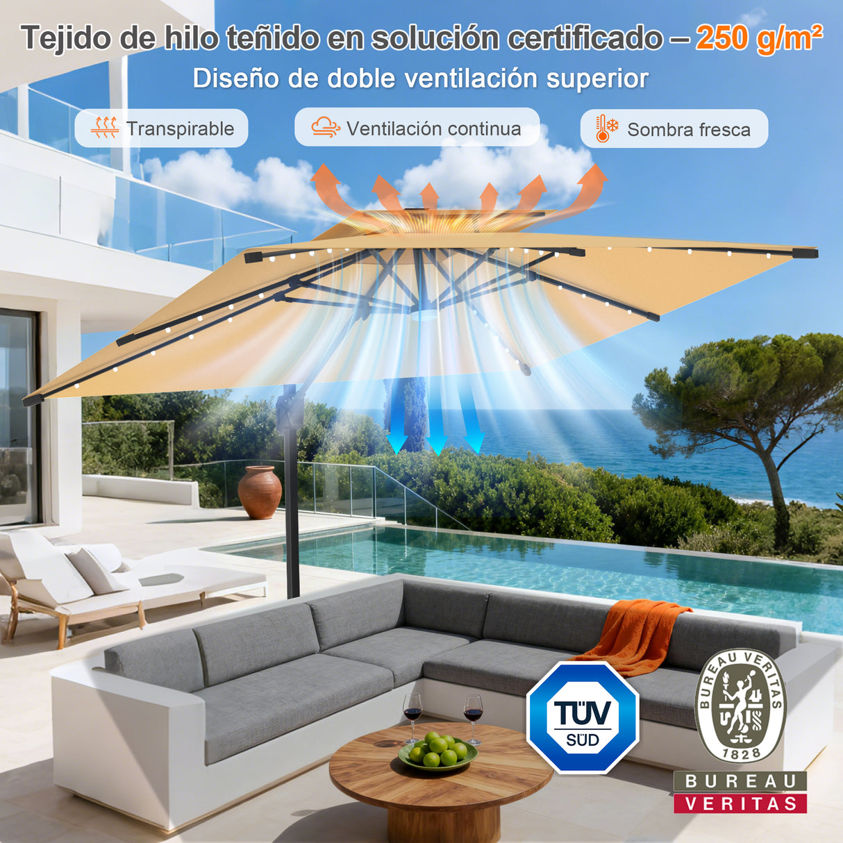 Patioslife Aegis Pro Sombrilla Excéntrica con Iluminación LED Solar, Estructura de Aluminio Termolacado y Rotación 360°