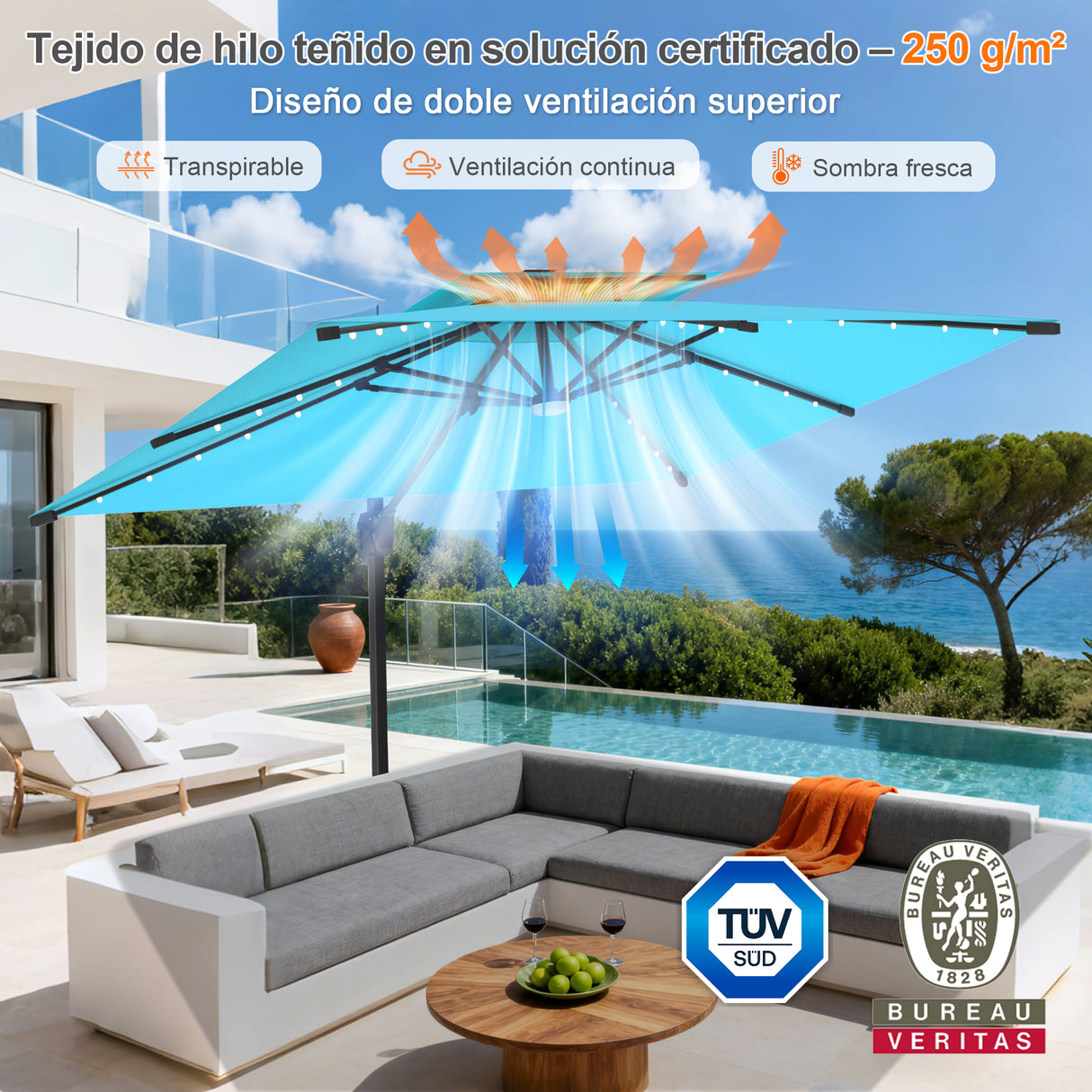 Patioslife Aegis Pro Sombrilla Excéntrica con Iluminación LED Solar, Estructura de Aluminio Termolacado y Rotación 360°