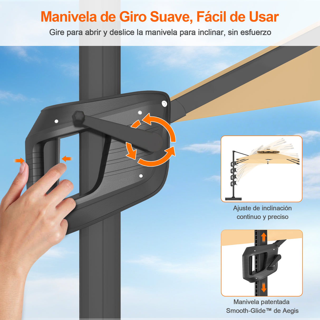 Patioslife Aegis Pro Sombrilla Excéntrica con Iluminación LED Solar, Estructura de Aluminio Termolacado y Rotación 360°