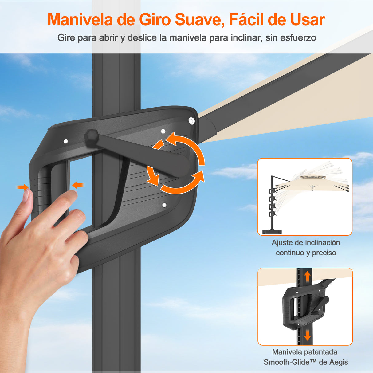 Patioslife Aegis Pro Sombrilla Excéntrica con Iluminación LED Solar, Estructura de Aluminio Termolacado y Rotación 360°