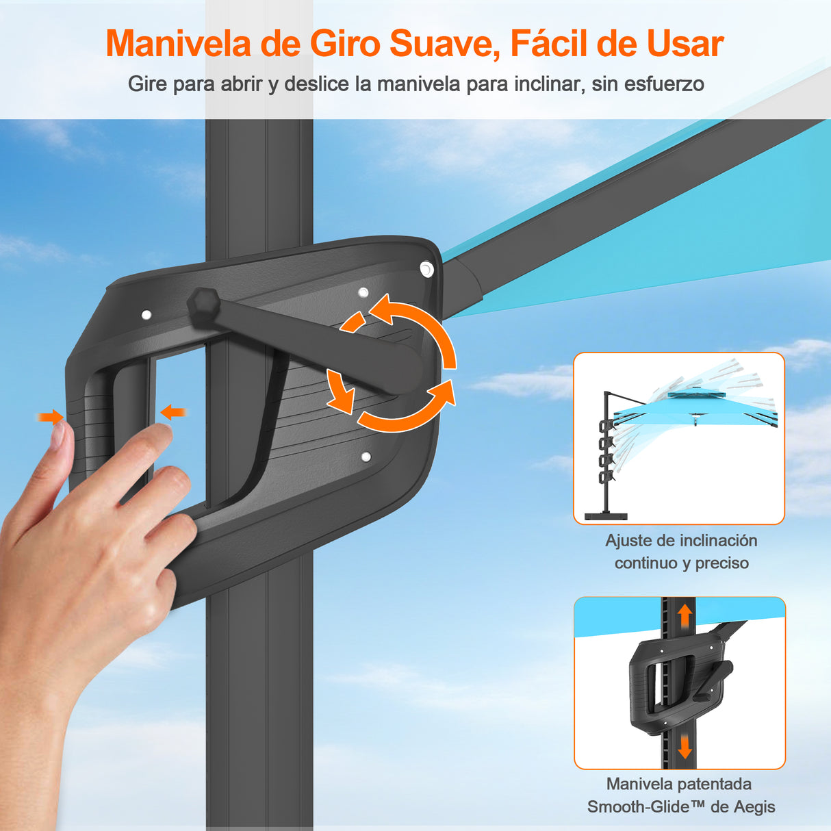 Patioslife Aegis Pro Sombrilla Excéntrica con Iluminación LED Solar, Estructura de Aluminio Termolacado y Rotación 360°