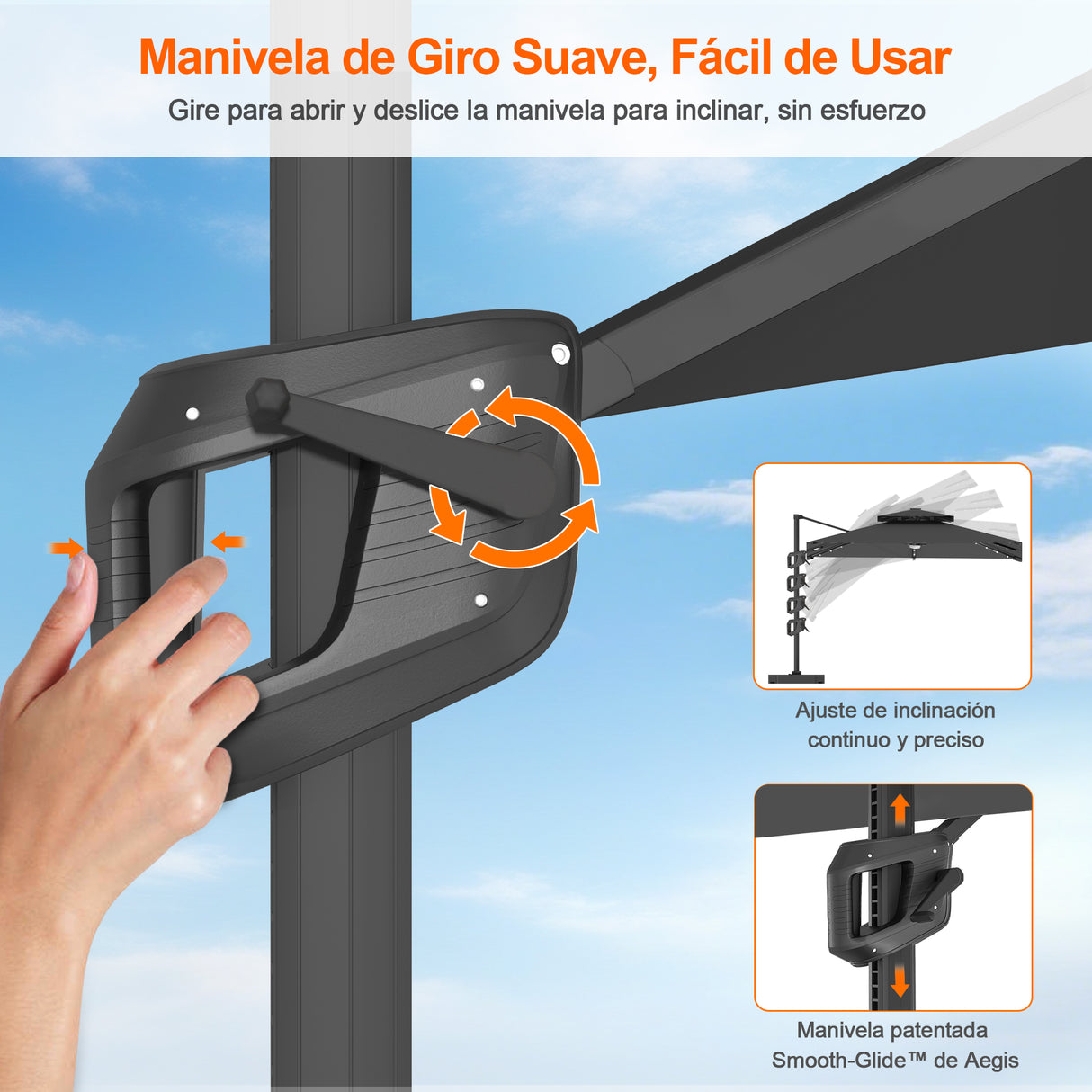 Patioslife Aegis Pro Sombrilla Excéntrica con Iluminación LED Solar, Estructura de Aluminio Termolacado y Rotación 360°