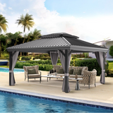 Patioslife Luxury Haven Cenador de Aluminio con Techo Rígido, Drenaje Integrado y Cortinas