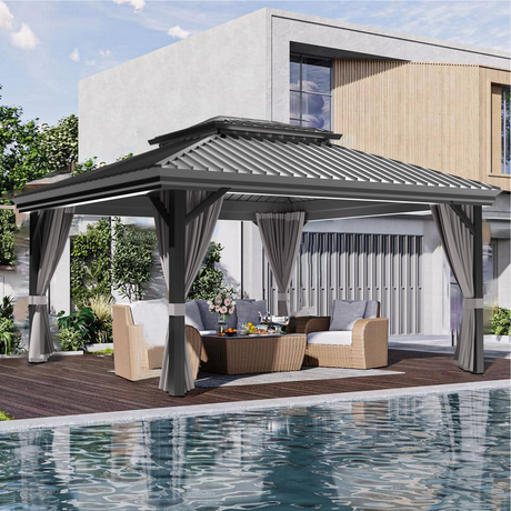 Patioslife Luxury Haven Cenador de Aluminio con Techo Rígido, Drenaje Integrado y Cortinas