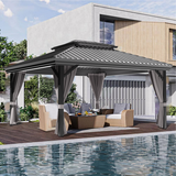 Patioslife Luxury Haven Cenador de Aluminio con Techo Rígido, Drenaje Integrado y Cortinas
