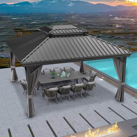 Patioslife Luxury Haven Cenador de Aluminio con Techo Rígido, Drenaje Integrado y Cortinas