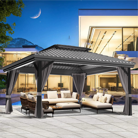 Patioslife Luxury Haven Cenador de Aluminio con Techo Rígido, Drenaje Integrado y Cortinas