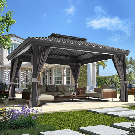 Patioslife Luxury Haven Cenador de Jardín con Techo Rígido y Cortinas