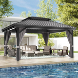 Patioslife Luxury Haven Cenador de Aluminio con Techo Rígido, Drenaje Integrado y Cortinas