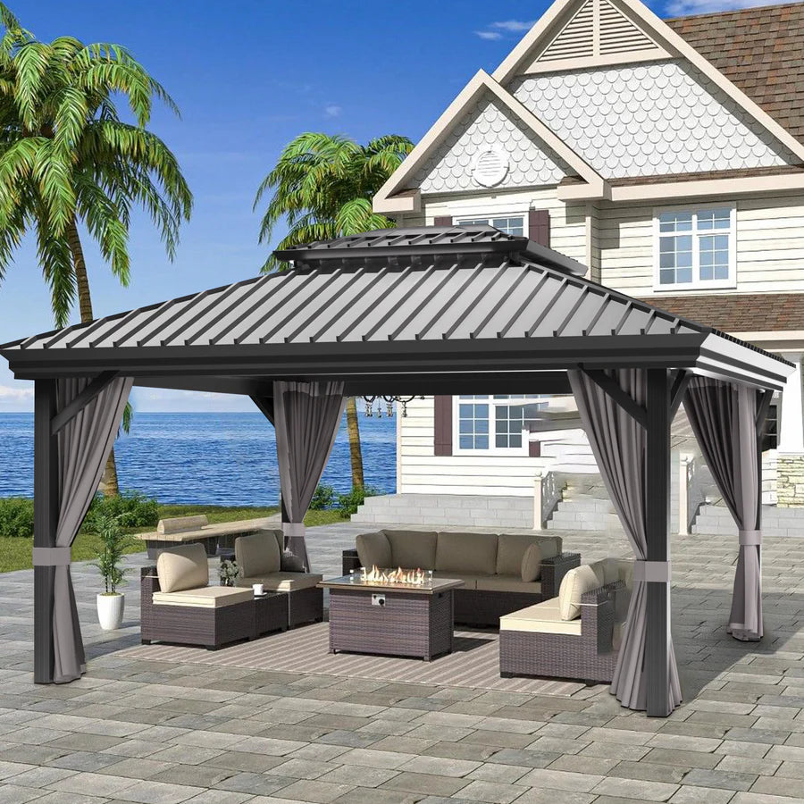 Patioslife Luxury Haven Cenador de Aluminio con Techo Rígido, Drenaje Integrado y Cortinas