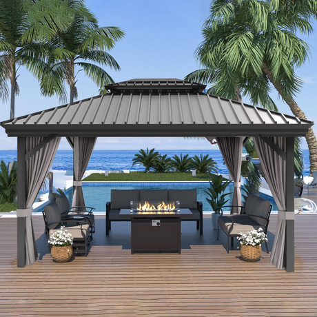 Patioslife Luxury Haven Cenador de Jardín con Techo Rígido y Cortinas